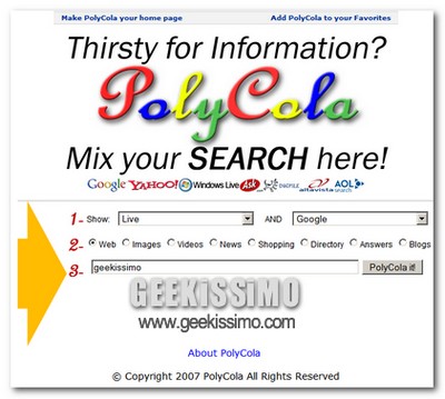 PolyCola, motore di ricerca che combina ed integra Google, Yahoo!, Live ed altri
