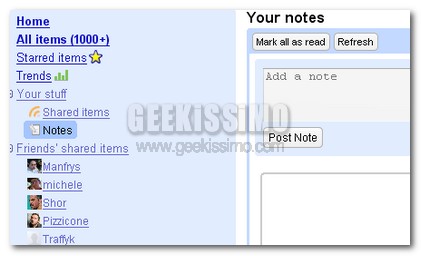 Possibile da oggi condividere anche le note in Google Reader