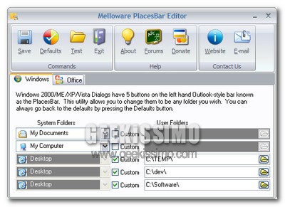 Melloware PlacesBar Editor, cambiare le cartelle per il salvataggio o l’apertura dei file veloce in Windows XP ed Office