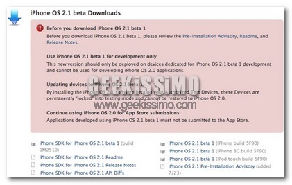 Apple rilascia la versione 2.1 beta del firmware per iPhone/iPod Touch