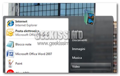Windows Vista, come inserire la cartella video nella parte destra del menu start